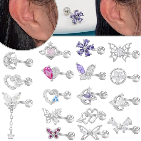 Butterfly Heart Moon Zircon Stud Earrings Stainless Steel Piercing Helix Tragus Cartilage Jewelry Screw Back For Women