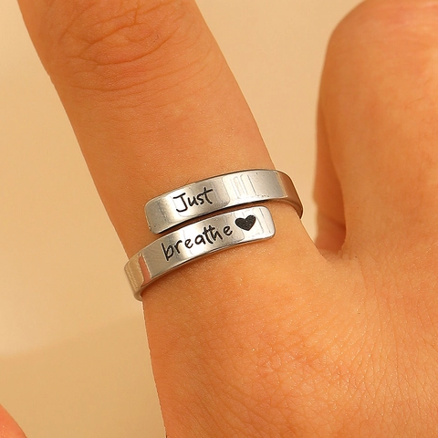 Minimalist Just Breathe Stainless Steel Open Wrap Ring Heart Pattern Printed Adjustable Fashion Jewelry For Women Men Gift