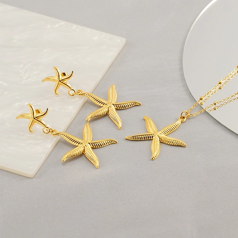 Starfish Necklace And Earrings 18K Gold Plated Stainless Steel Ocean Theme Pendant Vintage Vacation Jewelry For Women