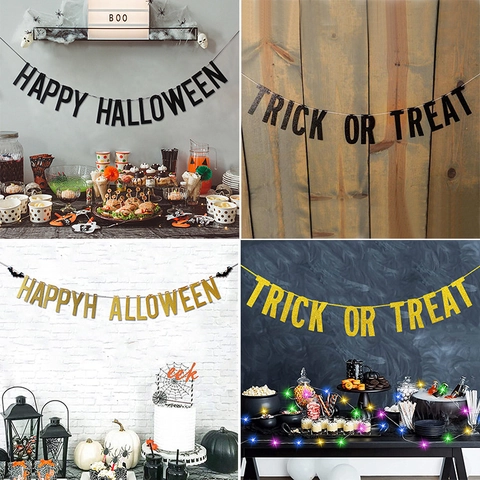 Halloween Banner Glitzer Papier Trick Or Treat Happy Halloween Wimpelkette Girlande Für Party Deko Haus Wandbehang