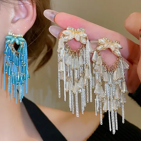 Orecchini Con Fiocco E Nappine Lunghe Con Perno In Argento 925 Sterling Künstliche Perle Sintetiche Cristallo Eleganti Gioielli