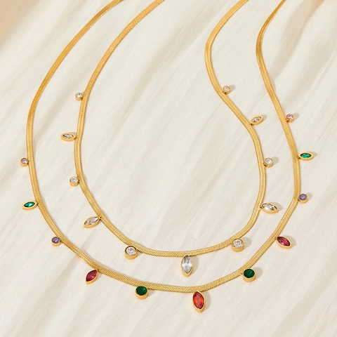 Stainless Steel Herringbone Snake Bone Necklace With Colorful Geometric Oval Cubic Zirconia Tassel Clavicle Jewelry