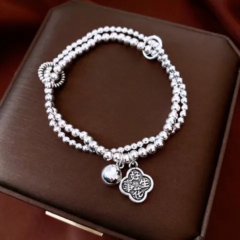 Zweischichtiges Perlenarmband Kupferlegierung Blumenanhänger Glocke Vintage New Chinese Style Elastischer Modeschmuck