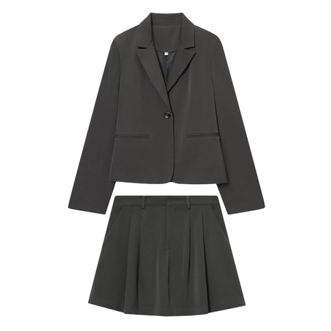 Blazer Court Et Jupe Plissée Gris Anthracite Polyester Tissé Taille Haute Avec Poches Style Streetwear Décontracté