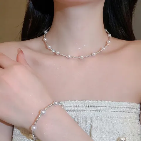 Collar Pulsera Pendientes Perlas Artificiales Rhinestone Aleación Con Poste Plata Accesorio Elegante Boda Para Mujeres