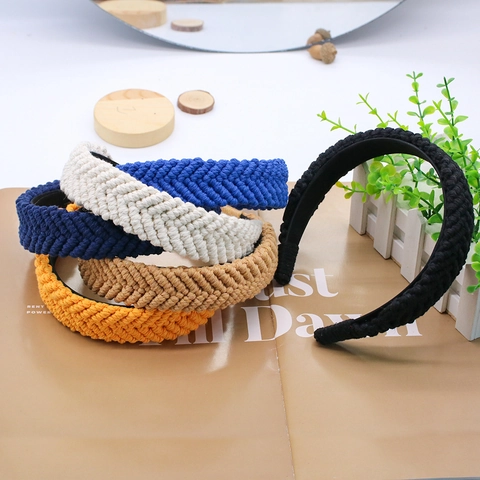 Retro Handmade Braided Cotton Woven Headband Wide Edge Anti Slip Hair Band Accessories For Women Girls Simple Solid Color