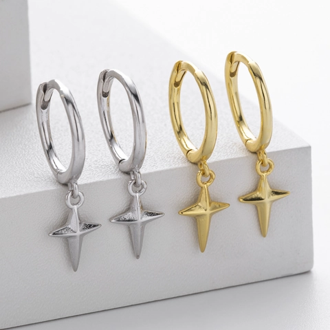 Orecchini a Cerchio Minimalisti in Argento Sterling 925 con Pendente a Stella a Quattro Punte Argento Vero Placcato Oro Orecchini Pendenti Stella del Nord Gioielli Donna