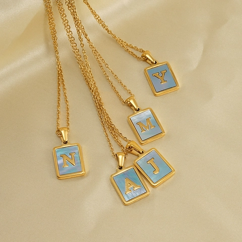 Roestvrijstalen 26 Beginletter Hanger Ketting 18K Verguld Natuurlijke Schelp Vierkant Alfabet Choker Sieraden Voor Dames