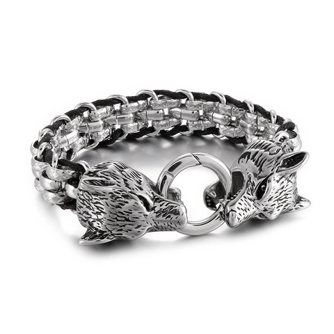 Men Vintage Punk Armband Met Dubbele Wolfskop Roestvrij Staal En Gevlochten Touw Ringsluiting Sieraden Voor Biker