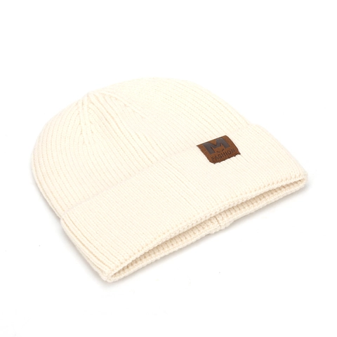 Knit Beanie Hat Winter Warm Acrylic Ribbed Cuffed With Leather Patch Fashion Solid Color For Men Women
