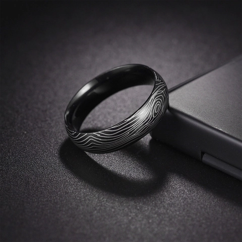 Damascus Pattern Stainless Steel Ring For Men Black Etched Wood Grain Band Vintage Punk Jewelry Gift