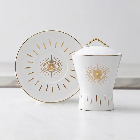 Ceramic Sugar Jar With Lid Evil Eye Pattern Gold Rim Turkish Style Condiment Canister Seasoning Storage Container