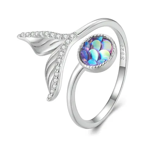 925 Sterling Silver Mermaid Tail Adjustable Open Ring With Sparkling Zirconia Colorful Resin Fish Scale Jewelry For Women