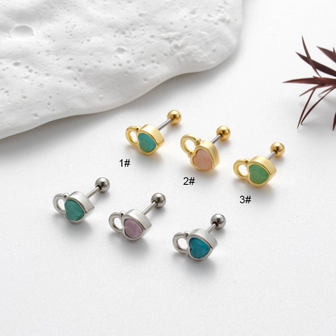 Heart Shaped Cartilage Piercing Stud Earrings Stainless Steel Screw Back Copper Inlaid Colorful Zircon Jewelry For Women