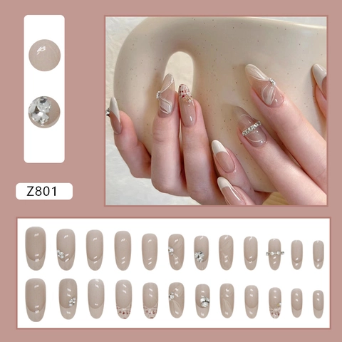 Oval French Press On Nails Mit Strasssteinen Künstliche Perlen Karo Marmor Design Süße Elegante Künstliche Falsche Fingernägel