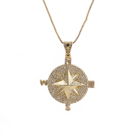 Hamsa Hand Compass Pendant Necklace Copper Zircon Hip Hop Jewelry For Men Women Gold Plated Box Chain Elegant