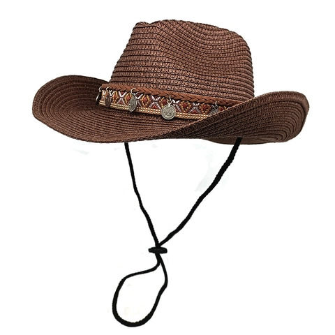 Chapeau De Cowboy En Paille Pour Femme Style Western Ethnique Protection Solaire Plage Avec Pendentifs Pièces Et Corde