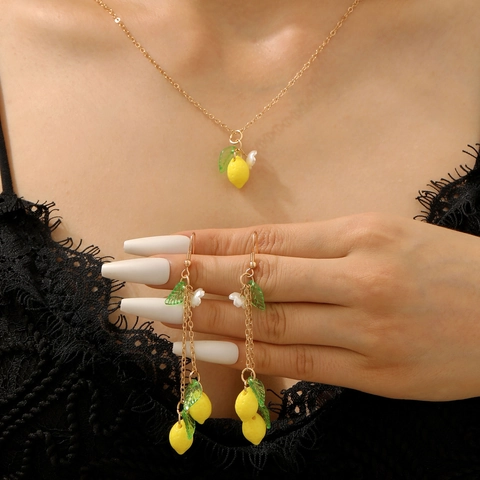 Conjunto de Pendientes y Collar de Girasol y Limón Creativo Aleación Diamantes de Imitación Resina Joyería para Mujer Vacaciones de Verano Accesorios Frescos