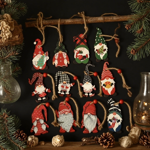 Adornos De Gnomos De Navidad De Madera Con Diseños Pintados Y Cuerda De Cáñamo En Caja Para Decoración Del Árbol
