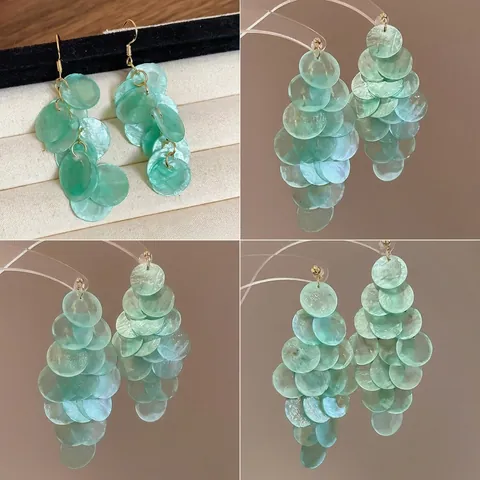 Round Shell Disk Tiered Dangle Earrings With Silver Earring Post Elegant Beach Vacation Cascade Style For Women