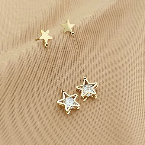 Orecchini Pendenti In Acciaio Inossidabile Placcato Oro Con Forme Geometriche Stella Cuore Rombo E Zirconi Per Donna