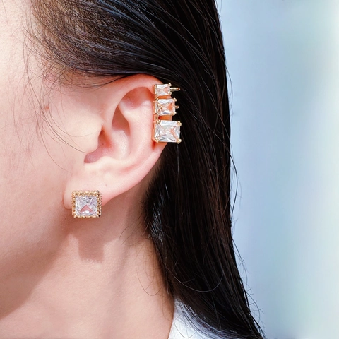 Light Luxury Geometric Square Zirconia Brass Ear Cuff Non Pierced Earrings Gold Silver Square Stud Earrings For Women