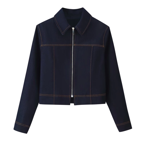 Women Contrast Stitching Zipper Jacket And High Waist Straight Pants Polyester Dark Blue Streetwear Fashionable Apparel