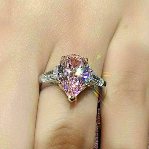 Anillo De Cobre Con Circón Rosa Corte Pera Para Mujer Gota Acentos Laterales Banquete Boda Joyería Elegante Banda Plateada