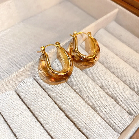 Boucles D'oreilles Créoles En Forme De U En Résine Ambre Vintage Avec Alliage Et Tige En Acier Bijoux Géométriques Femmes