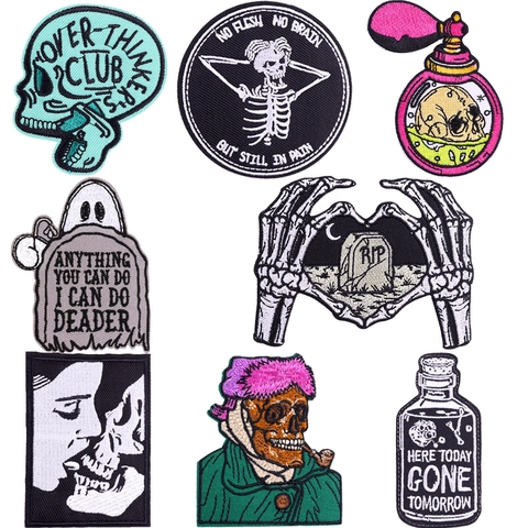 Skull Embroidery Patches Iron On Skeleton Punk Gothic Style DIY Applique For Jackets Clothing Decoration