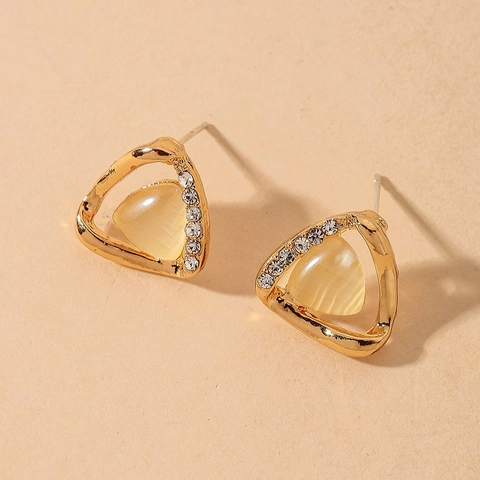Geometric Triangle Stud Earrings With Synthetic Cat Eye Stone Rhinestone And 925 Sterling Silver Earring Post