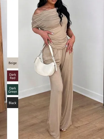 Women Elegant One Shoulder Short Sleeve Top And Wide Leg Pants Set Polyester Spandex Solid Color Summer Casual Outfit