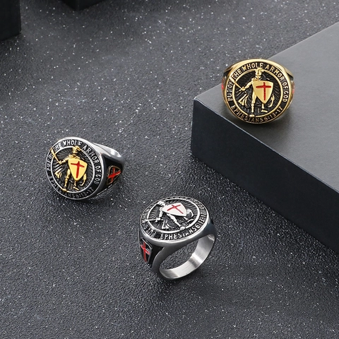 Anello Armatura Di Dio Acciaio Inossidabile Croce Rossa Scudo Cavaliere Templare Gioielli Hip Hop Religiosi Uomo