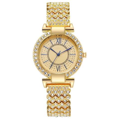 Luxe Dames Quartz Horloge Elegant Met Strass Ingelegd Gelegeerde Kast Roestvrijstalen Band Romeinse Cijfers Blauwe Wijzers