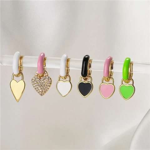 Herz Anhänger Huggie Hoop Ohrringe Kupfer Bunte Emaille Strass Pflaster Mode Drip Oil Schmuck Damen