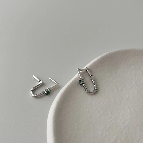 Vintage 925 Sterling Zilveren Hoop Oorbellen Met Groen Zirkoon Gedraaid Touw Kleine Huggie Voor Dames