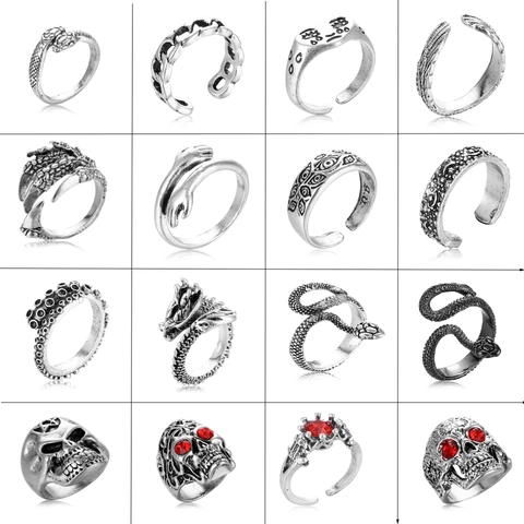 Anelli In Lega Punk Gothic Retro Per Uomo Donna Design Aperto Regolabile Vintage Serpente Drago Teschio Polpo Gioielli Hip Hop