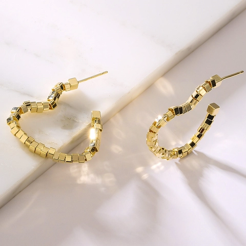 Geometric Heart Earrings Copper Gold Plated With Silver Earring Post Cubic Block Design Minimalist INS Style Jewelry