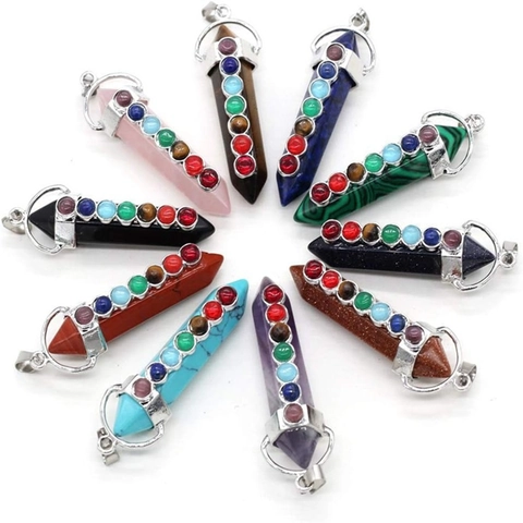 Natural Stone Chakra Pendant Necklace Hexagonal Crystal Column Zinc Alloy With Colorful Rhinestone Healing Energy For Women