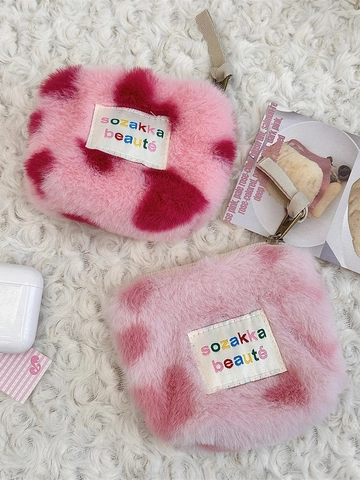 Plush Coin Purse Mini Storage Bag Faux Fur Heart Leopard Pattern Soft Zipper Pouch For Lipstick Earphones Women Girls