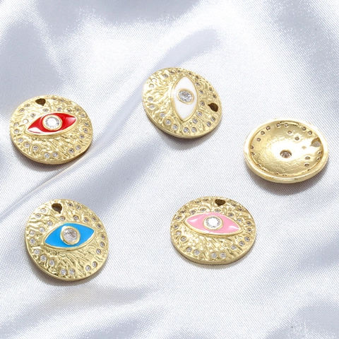 Pendentif Mauvais Œil Laiton Martelé Émail Coloré Zircon Strass Rond DIY Fabrication Collier Élégant Femmes