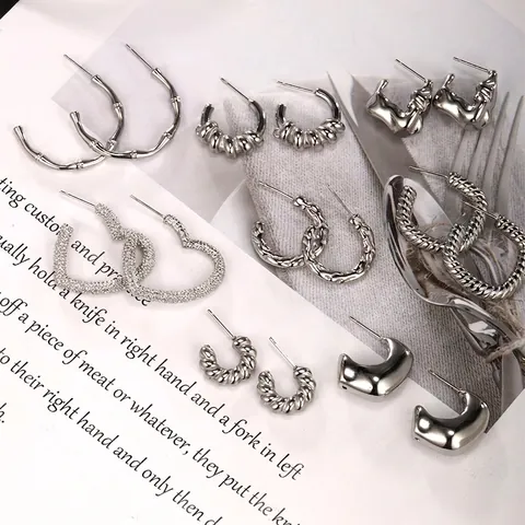 Stainless Steel Hoop Stud Earrings Silver Color C-Shaped Bamboo Twist Rope Heart Lava Irregular Fashion Minimalist For Women