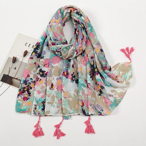 Women Elegant Floral Print Scarf Shawl Lightweight Polyester Voile Wrap With Tassels And Lace Edge For Sun Protection
