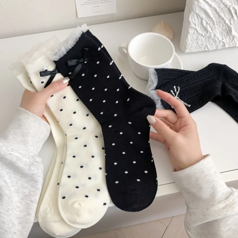 Women Cotton Mid-calf Socks With Bow And Lace Trim Polka Dot Sweet Japanese Style Breathable Crew Hosiery