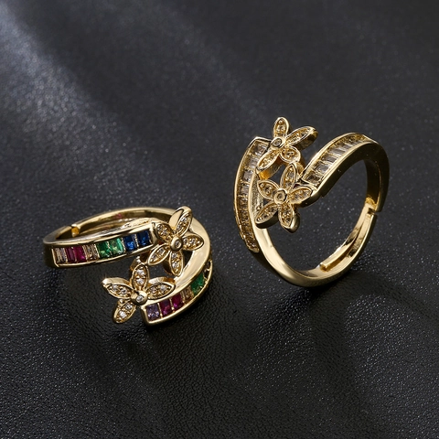 Anello Aperto A Fiore Rame Placcato Oro Con Zirconia Colorata Gioielli Regolabili Geometrici Per Donna