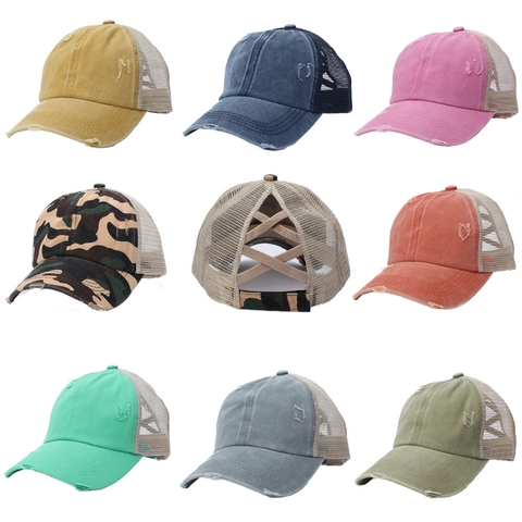 Damen Distressed Pferdeschwanz Baseballkappe Ripped Gewaschen Mesh Trucker Hat Mit Kreuz Elastischen Bändern Für Hohen Pferdeschwanz