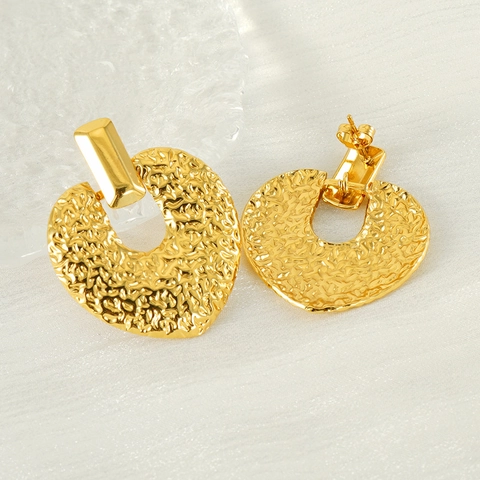 Heart Earrings Exaggerated Geometric Hammered Texture Stainless Steel 18K Gold Plated Fashion Vintage Stud Hoop For Women