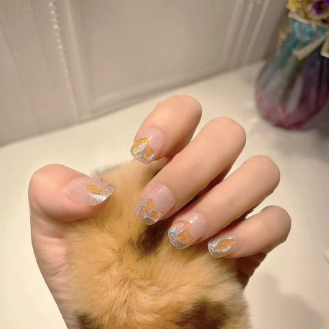 Unghie Finte Corte A Pressione Sfumatura Rosa Nude Brillantini Paillettes Strass Forma Quadrata Ovale Copertura Totale