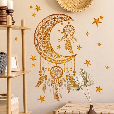 Autocollants Muraux Paillettes Dorées PVC Lune Étoiles Attrape-Rêves Mandala Bohème Autocollant Pour Salon Chambre