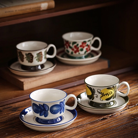 Taza De Café Y Platillo De Cerámica Vintage Pintada A Mano Con Patrón De Flores Frutas Taza De Té Para Oficina Hogar